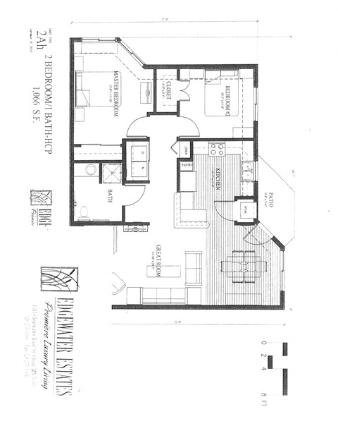 Floor plan for 2 beds, 1 bath, 1066 sqft
